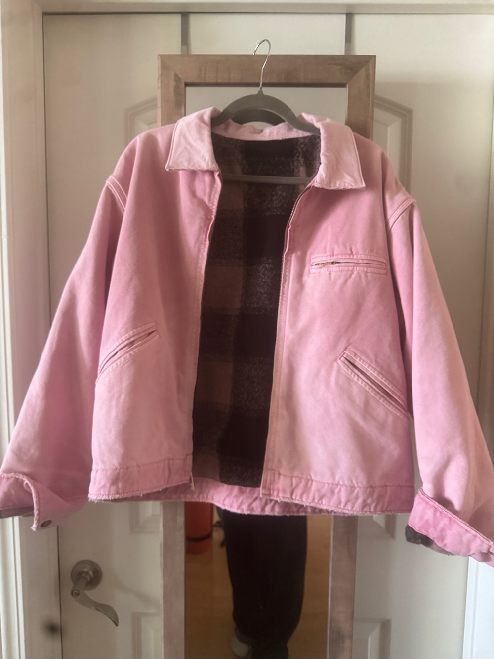 Classic Pink Jean Jacket with Plaid Lining